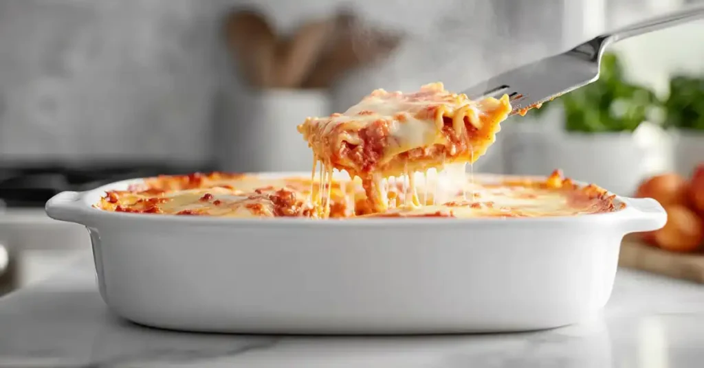 A close-up of a freshly baked ravioli lasagna being sliced, showing gooey melted cheese and rich layers of pasta and sauce.