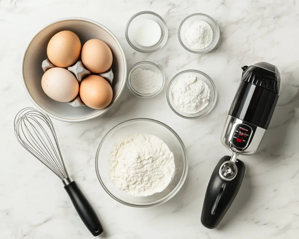 Ingredients and tools for making soufflé pancakes on a white marble surface.