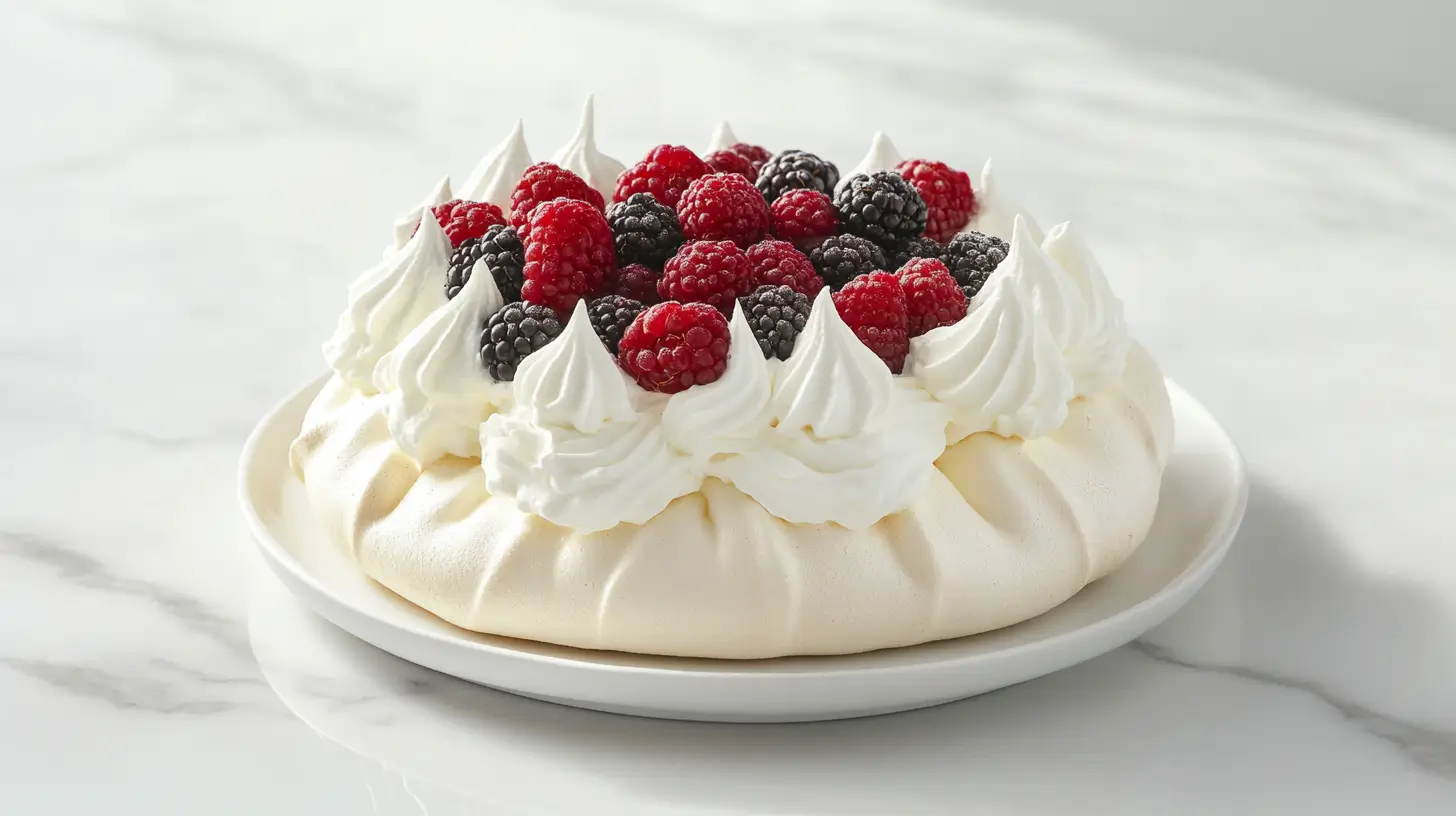 What cream do you use for pavlova? A pavlova topped with perfectly whipped cream and fresh berries on a white marble surface.