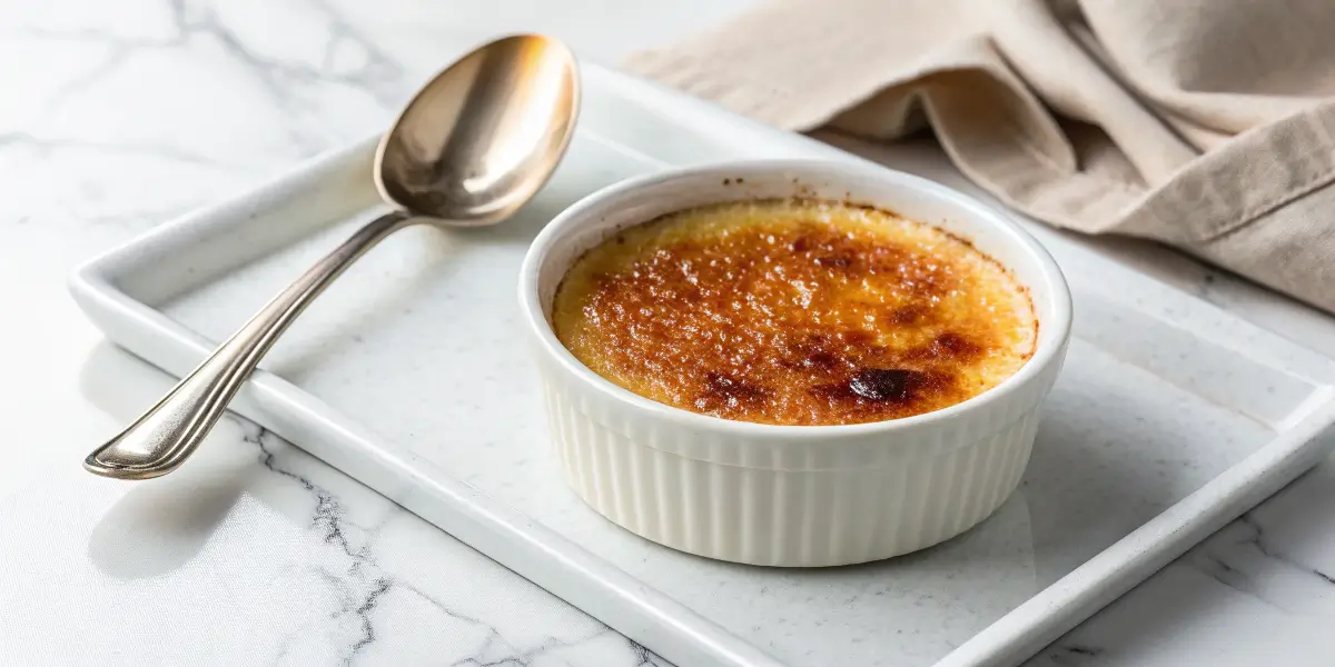 What does crème brûlée taste like? A golden caramelized sugar crust on creamy vanilla custard in a white ramekin.
