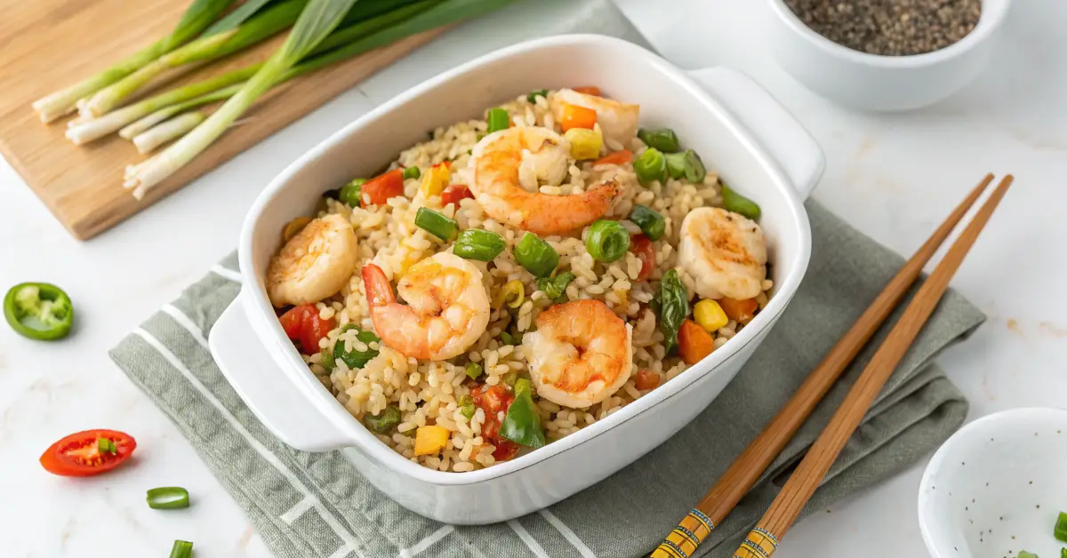 What ingredients are in shrimp fried rice? A delicious dish with shrimp, rice, and vegetables.