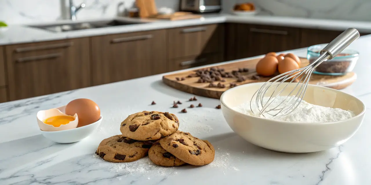 The role of eggs in cookies – fresh cookies with eggs and baking ingredients on a white marble surface.