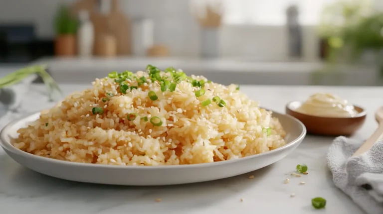 Why add mayo to fried rice? A crispy, golden dish with a rich umami flavor, garnished with green onions and sesame seeds in a modern kitchen setting.