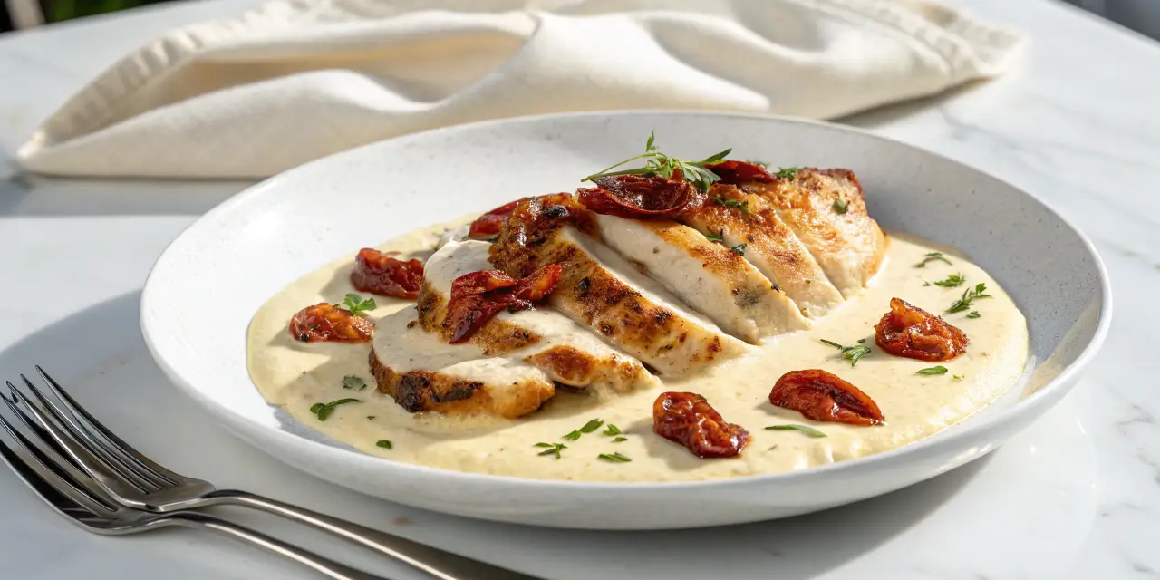 Why is it called "Marry Me Chicken"? A creamy chicken dish with sun-dried tomatoes, garnished with fresh herbs, served on a white plate.