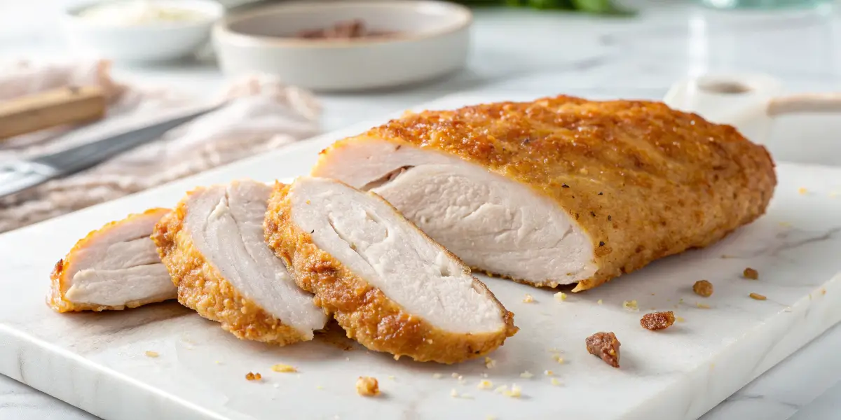Why is my chicken rubbery but moist? Close-up of cooked chicken with an uneven texture.