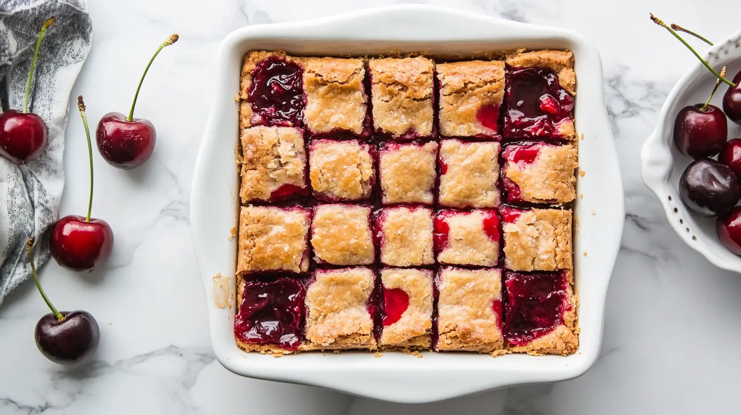 Cherry Pie Bars Recipe – golden crust, red cherry filling, and glaze on a modern countertop.