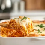 Creamy and cheesy Chicken Spaghetti Recipe in a white baking dish.