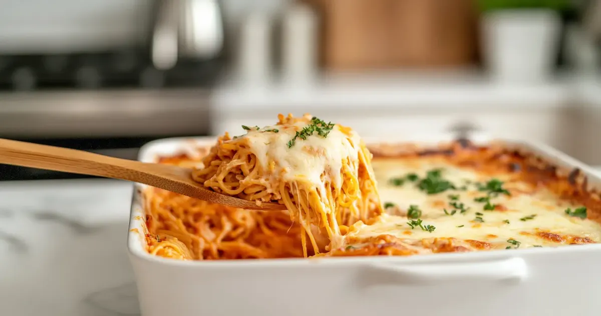 Creamy and cheesy Chicken Spaghetti Recipe in a white baking dish.