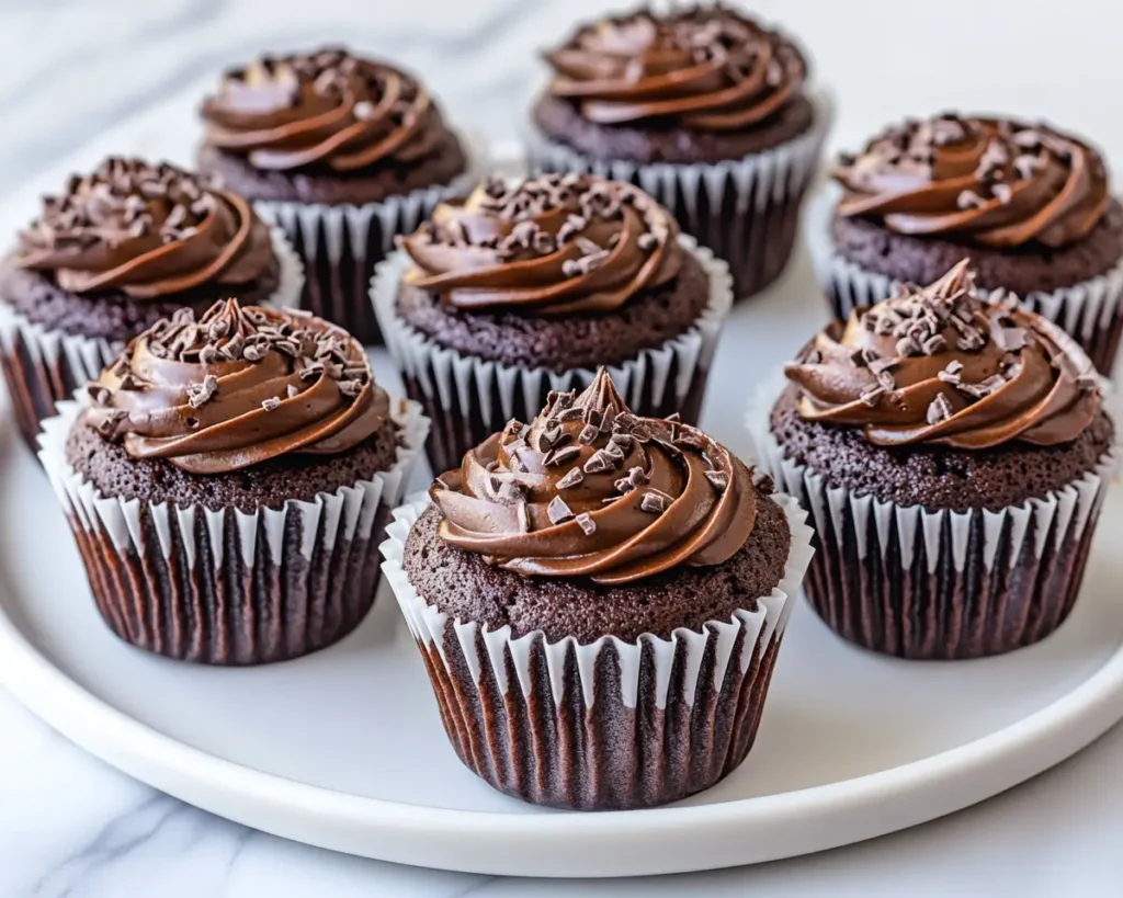 Moist chocolate cupcakes made with oil on white plate