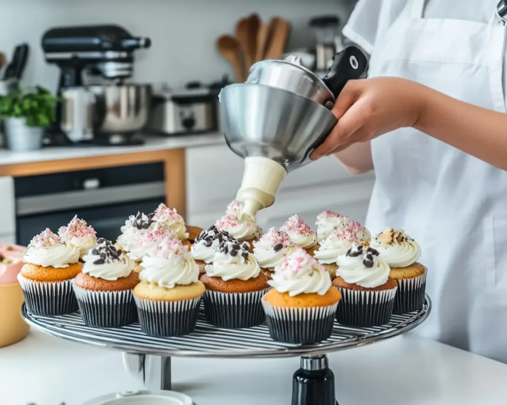 Professional baker decorating cupcakes in a modern kitchen
