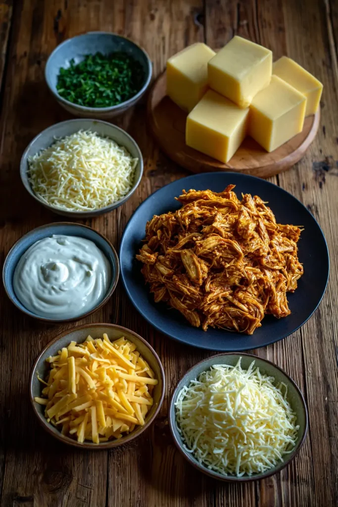 Ingredients for Crockpot Buffalo Chicken Dip on table