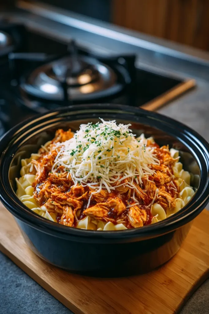 Preparing Crockpot Buffalo Chicken Dip step by step
