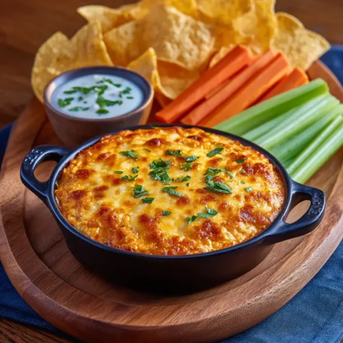 Crockpot Buffalo Chicken Dip served with chips and veggies
