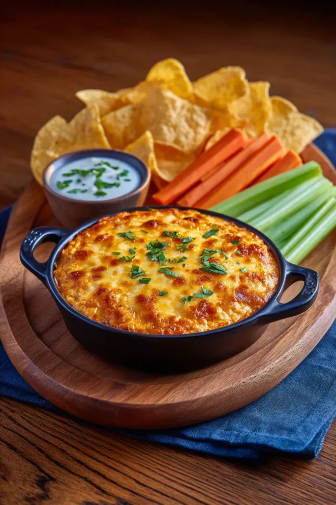 Crockpot Buffalo Chicken Dip served with chips and veggies