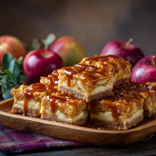 Caramel Apple Cheesecake Bars on rustic table with caramel drizzle