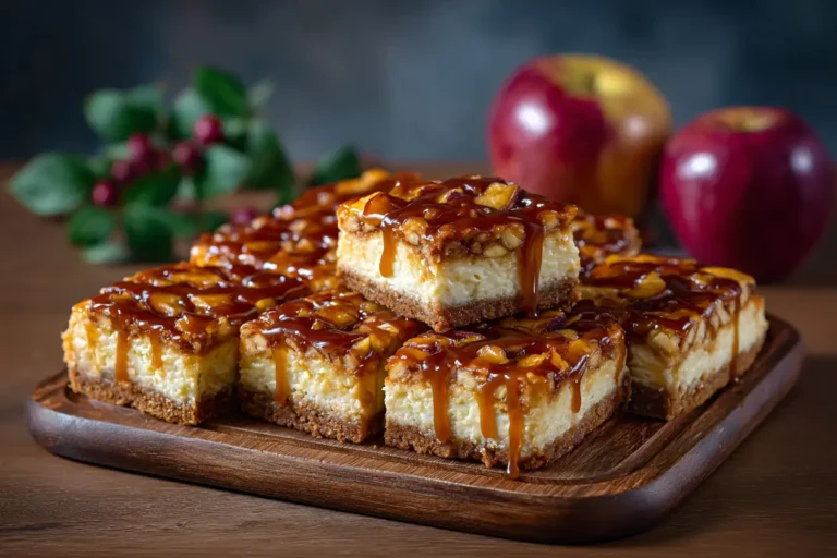 Caramel Apple Cheesecake Bars close-up on rustic table