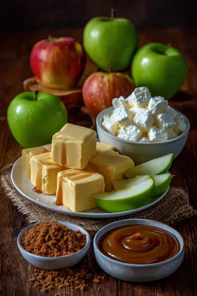 Ingredients for Caramel Apple Cheesecake Bars on kitchen table