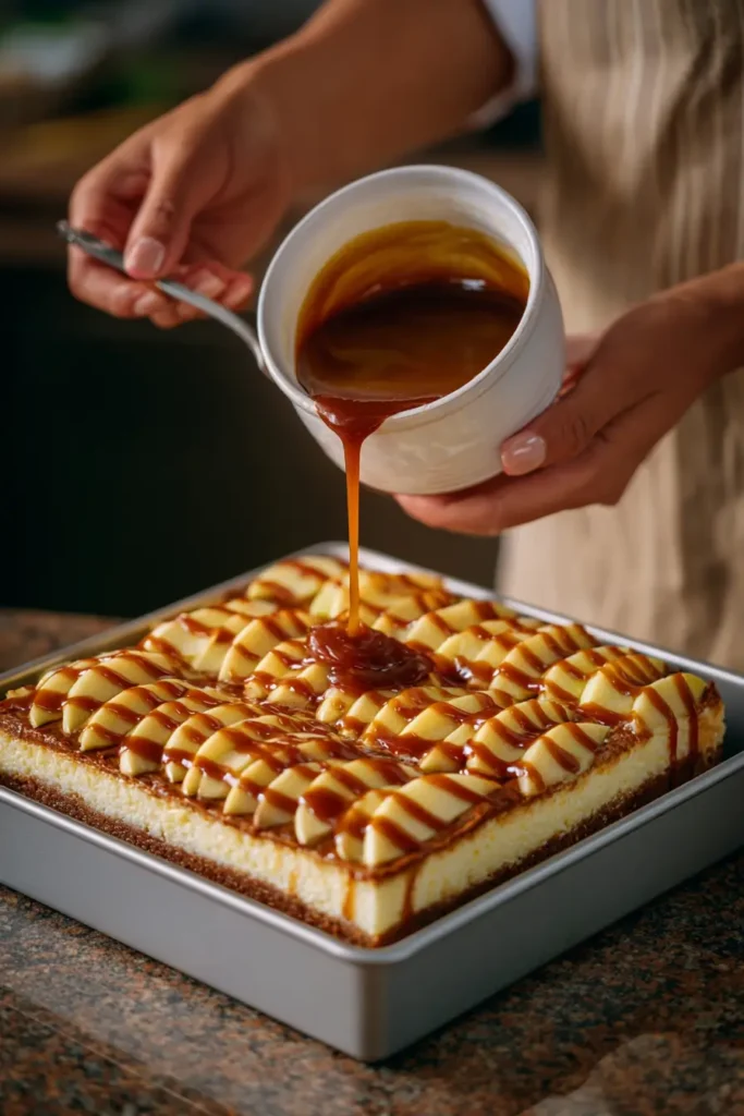 Preparing Caramel Apple Cheesecake Bars with layers