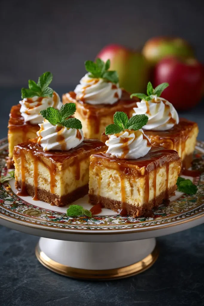 Served Caramel Apple Cheesecake Bars with caramel drizzle
