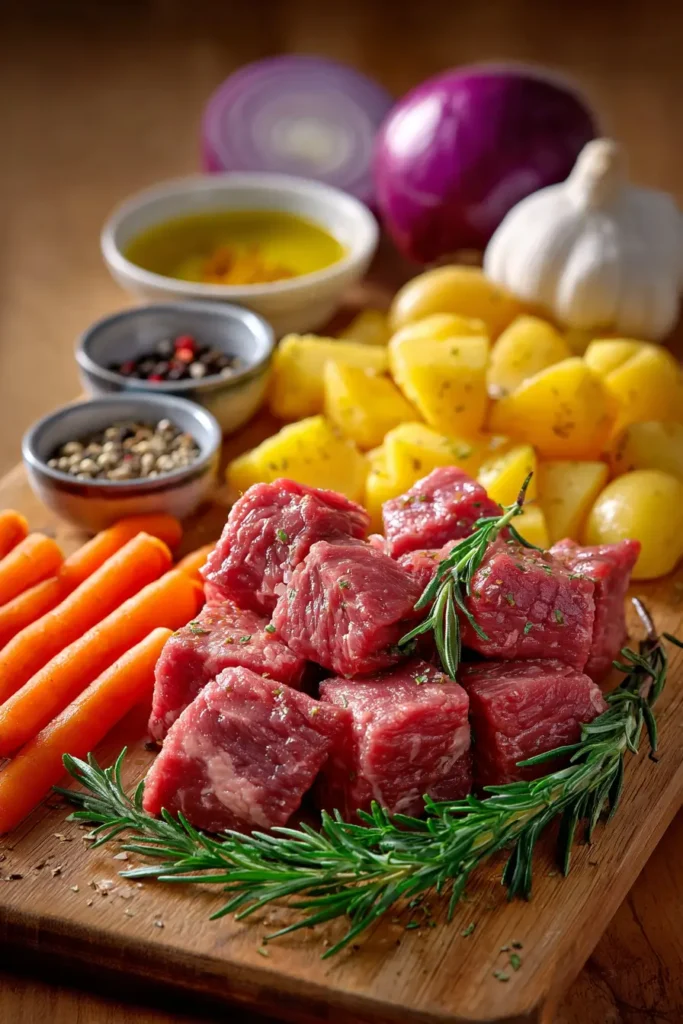 Ingredients for Crockpot Beef Stew with fresh beef and vegetables