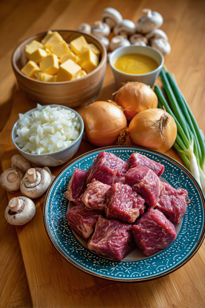 Crockpot Beef Stroganoff ingredients flat lay