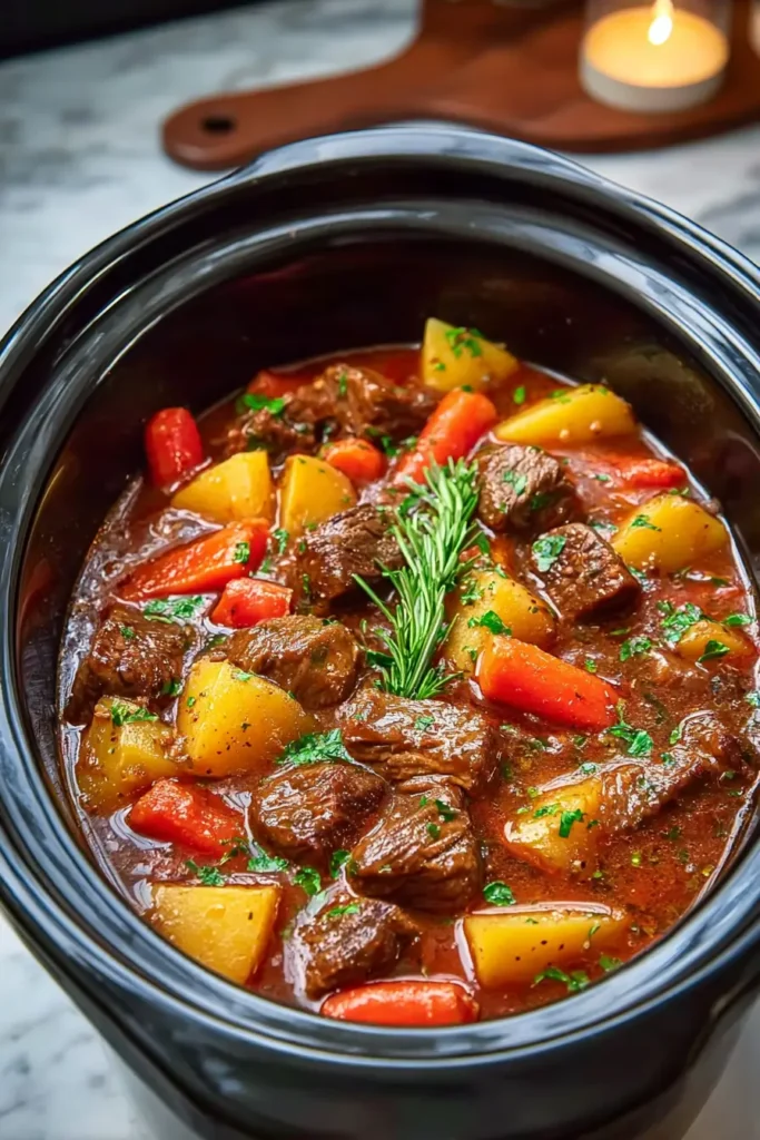 Crockpot Beef Stew cooking in slow cooker with herbs and broth