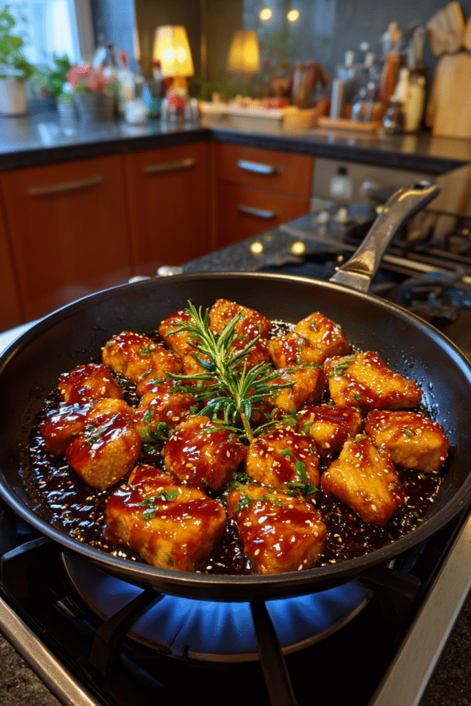 Cooking teriyaki chicken in skillet for rice bowl