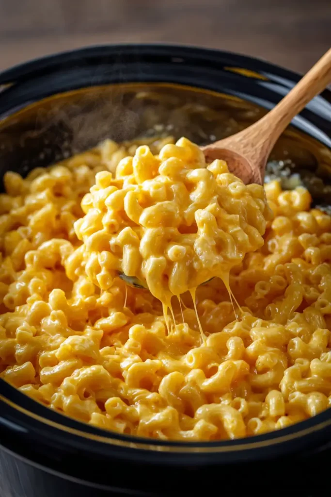 Slow cooker mac and cheese being stirred