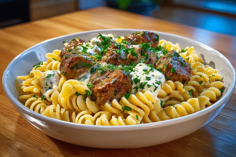 Crockpot Beef Stroganoff creamy recipe in a bowl