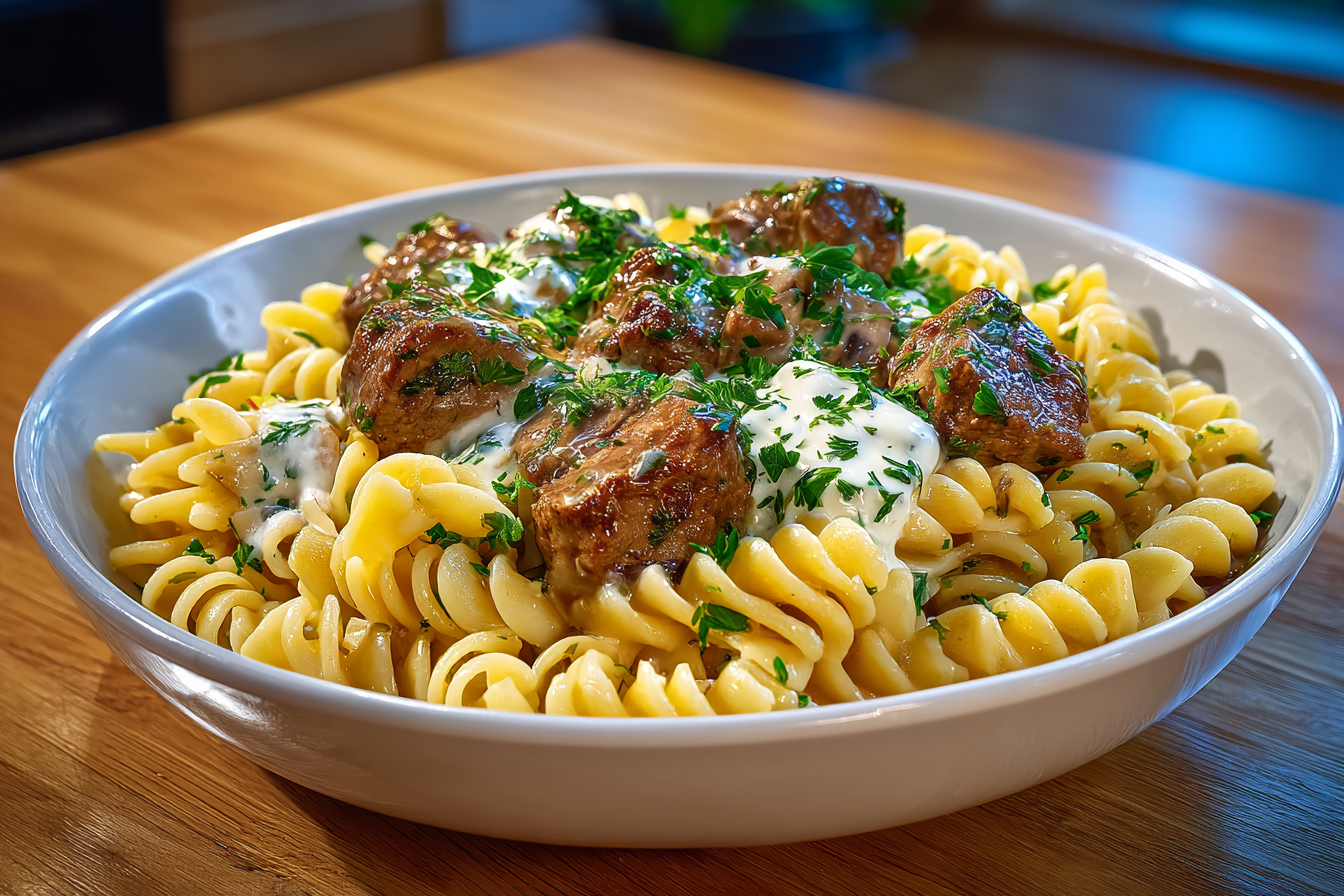 Crockpot Beef Stroganoff creamy recipe in a bowl