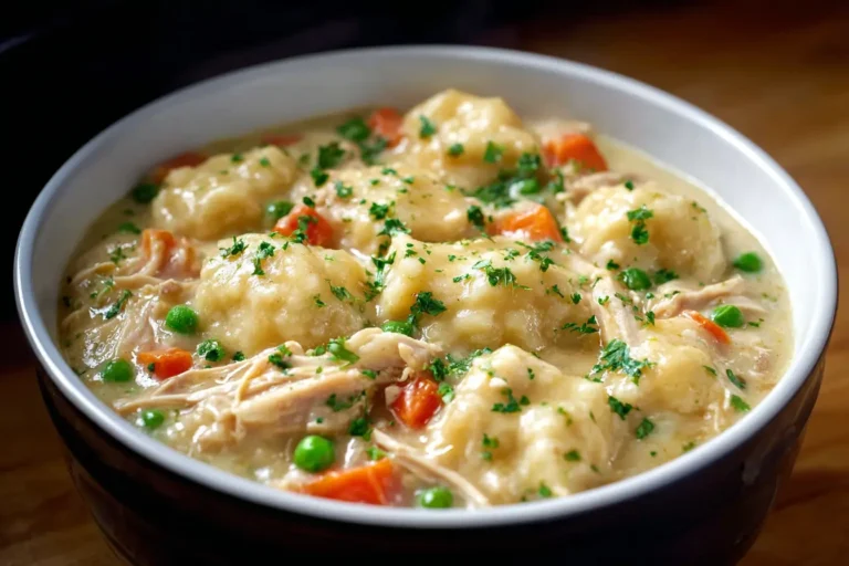 Crockpot Chicken and Dumplings in creamy broth with fluffy dumplings