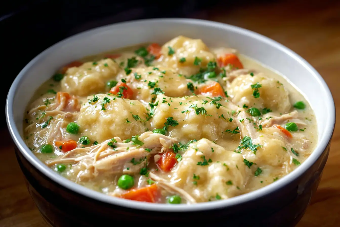 Crockpot Chicken and Dumplings in creamy broth with fluffy dumplings
