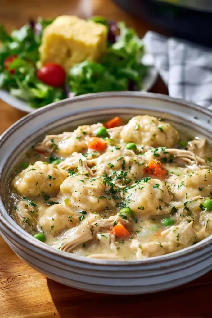 Crockpot Chicken and Dumplings served with cornbread and salad