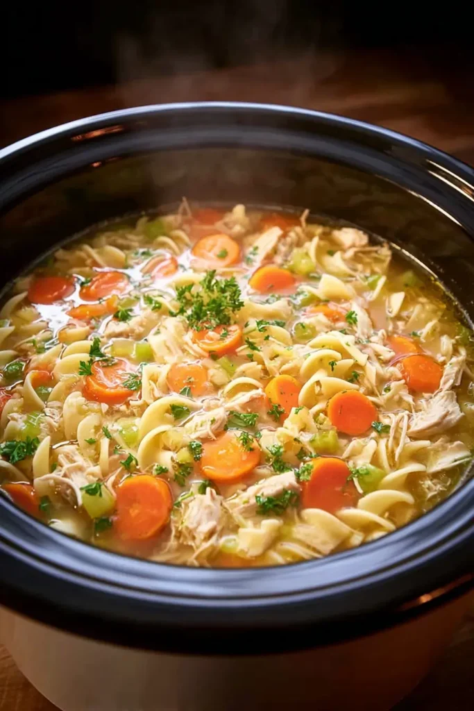 Crockpot Chicken Noodle Soup simmering in a slow cooker with vegetables