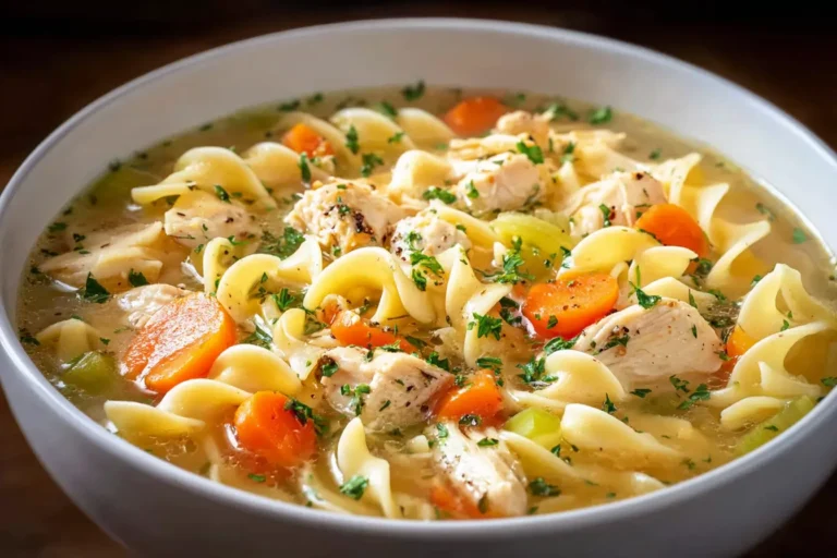 Crockpot Chicken Noodle Soup served warm in a bowl with noodles and vegetables