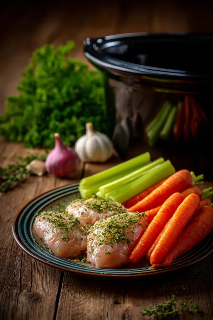 Ingredients for Crockpot Chicken Noodle Soup including chicken, vegetables, and herbs