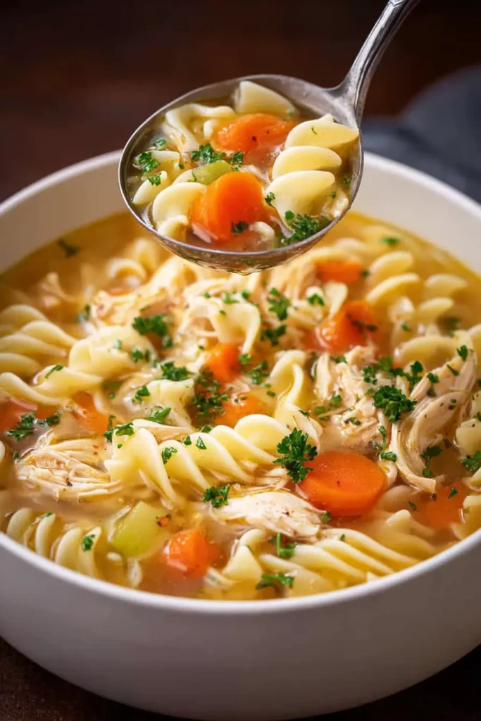 Ladle serving Crockpot Chicken Noodle Soup with herbs and noodles