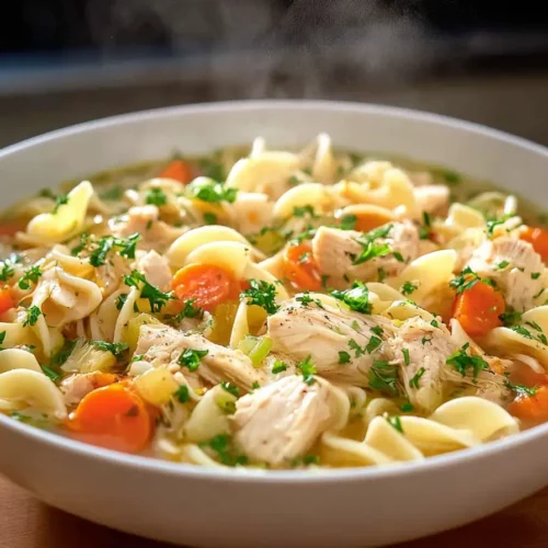 Crockpot Chicken Noodle Soup served warm in a bowl