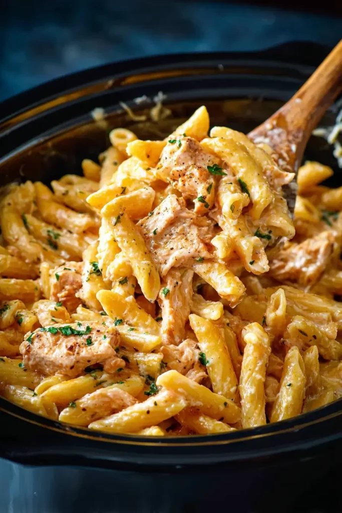 Slow cooker filled with Crockpot Chicken Pasta being stirred