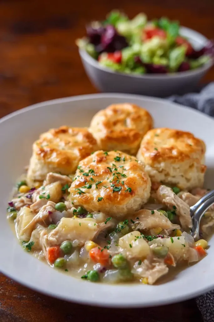 Served crockpot chicken pot pie with biscuits and salad
