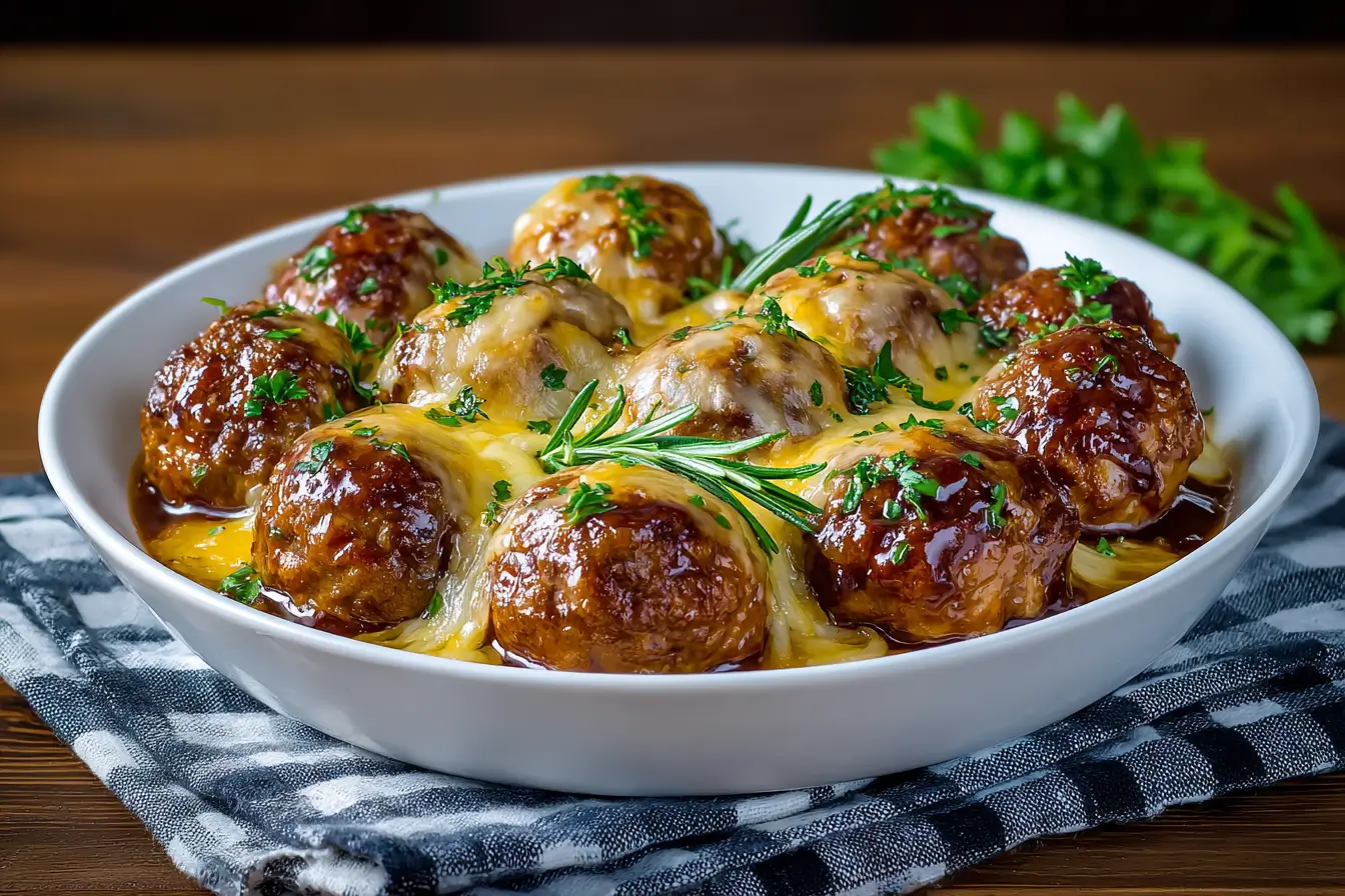 Crockpot French Onion Meatballs with caramelized onions and cheese