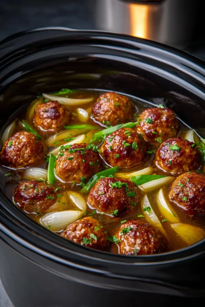 Crockpot French Onion Meatballs cooking process