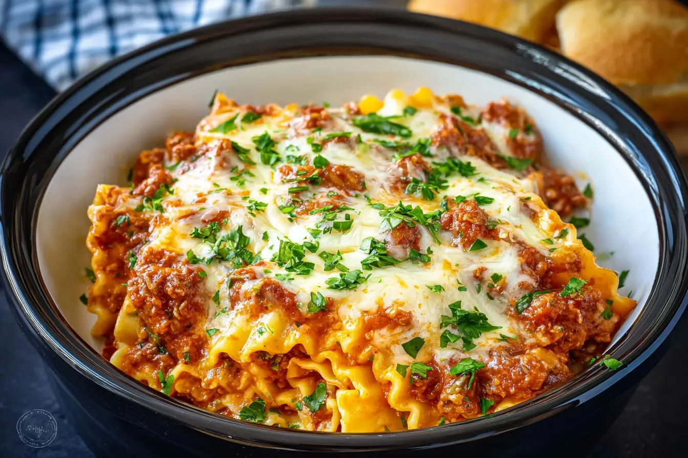 Crockpot Lasagna slow cooker layers of melted cheese and sauce