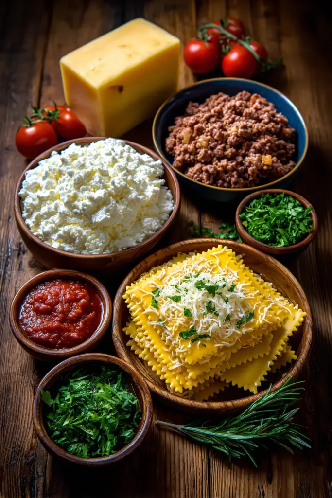 Crockpot Lasagna ingredients cheese meat noodles and tomato sauce