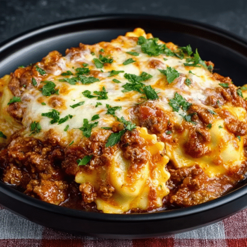 Hearty crockpot ravioli lasagna with layers of cheese, marinara, and ravioli, slow-cooked to perfection in a white ceramic crockpot.