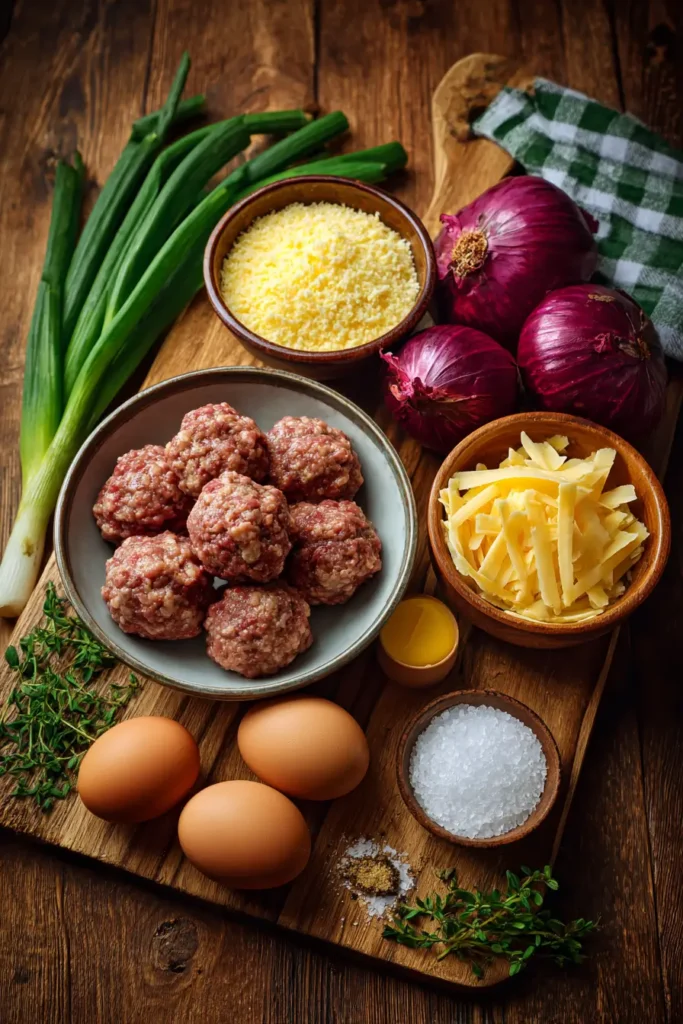 French Onion Meatballs ingredients flat lay