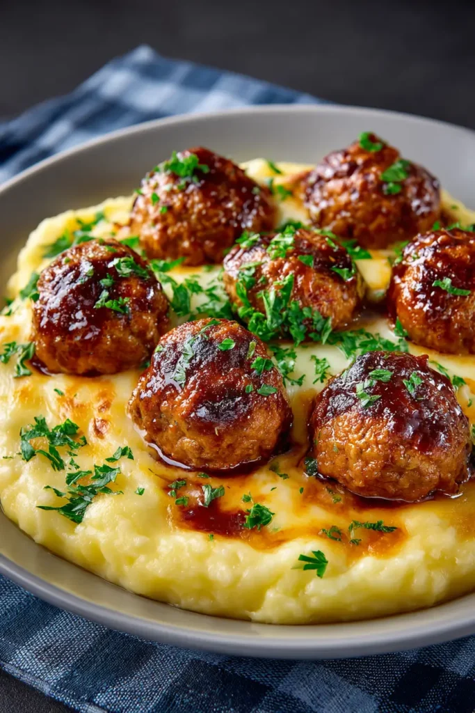 French Onion Meatballs served on mashed potatoes