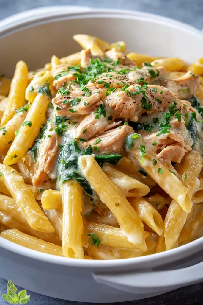 Healthy gluten-free Crockpot Chicken Pasta with vegetables