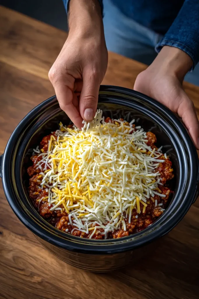 Layering Crockpot Lasagna step-by-step with sauce and cheese