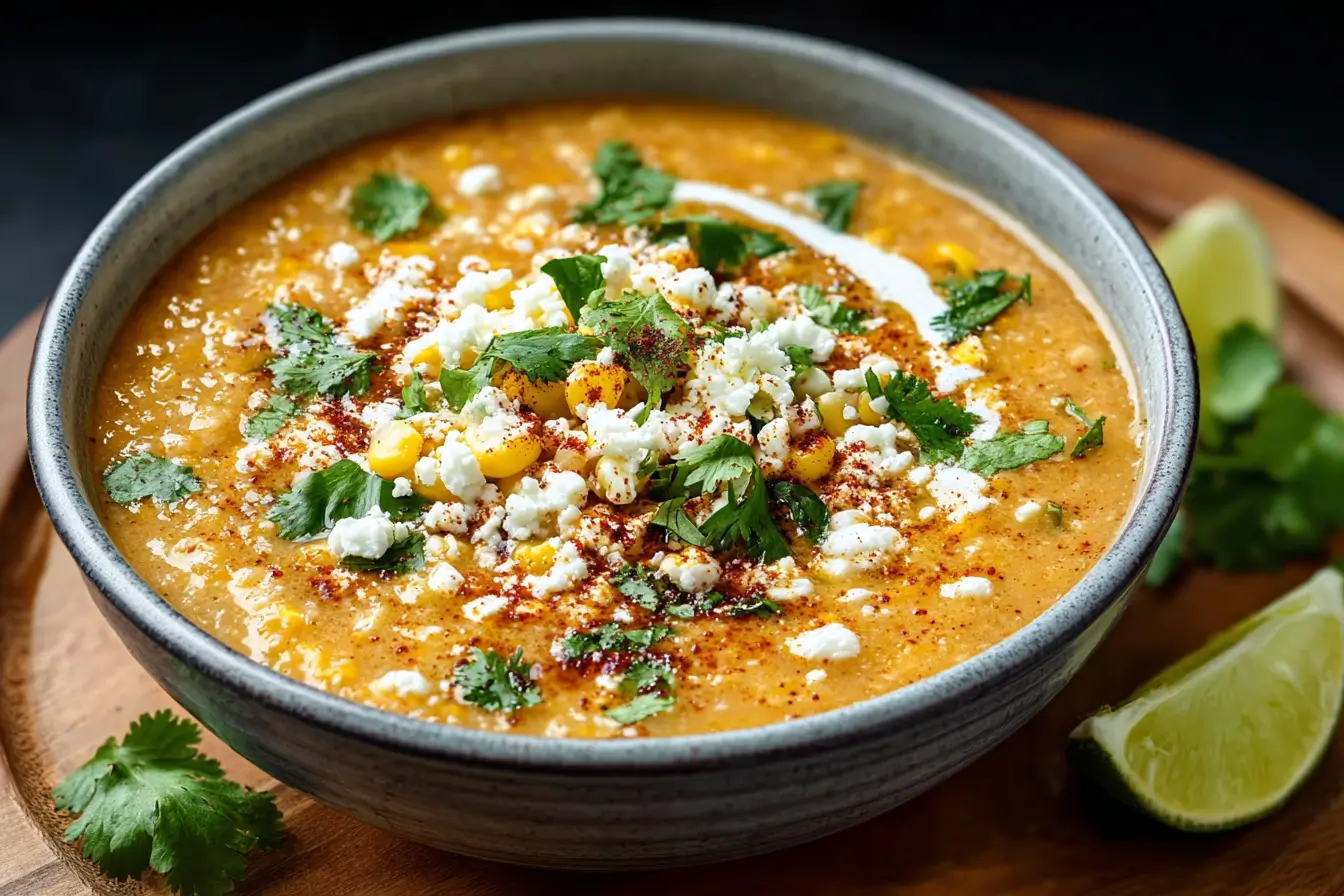 Mexican Street Corn Soup in a bowl with Cotija cheese and lime